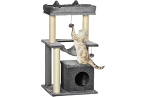 PawHut Albero Tiragraffi per Gatti Adulti, Graffiatoio Castello per Gatti con in Corda Sisal, Casetta, Cuscino e Amaca, 2 Palline, Rivestimento in Peluche e Feltro, Altezza 90cm, Grigio