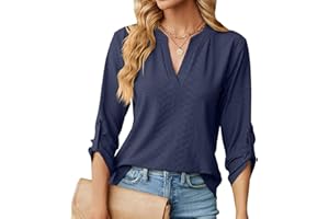 Heersan Chemisier élégant à Col en V pour Femme Chic Chemisier Ample à Manches Enroulables à 3/4 Manches Longues Lâches Hauts Tuniques de Base T-Shirt Blouses(S-XXL)