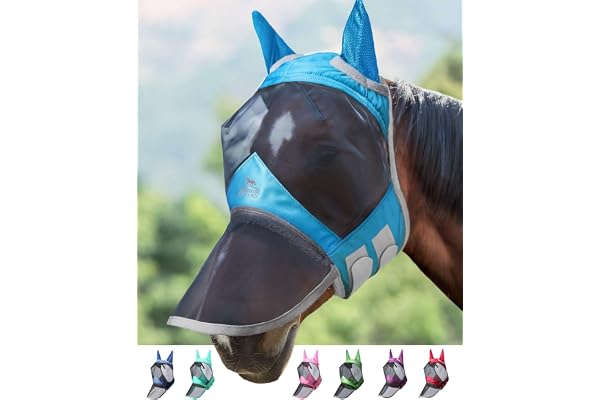 Harrison Howard CareMaster Pro Masque Anti-Mouches Lumineux pour Cheval - Grand Espace pour Les Yeux avec Oreilles - Protection UV pour Cheval - Bleu Ciel - Petit Poney