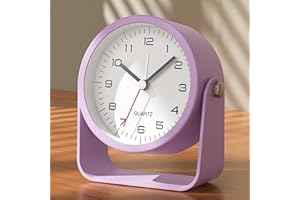 AYRELY 3.5-Inch Analogue Alarm Clock - Silent, Non-Ticking Bedside Clock with Retro Design, Adjustable Angle, Battery Operated, Desk Clock with Light (Purple)