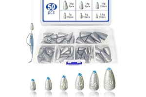 XSHAO® 50 Pièces Plomb Peche, Plomb de Peche Bullet Sinker 3.5g/ 5g/ 7g/ 10g/ 14g/ 20g avec Boîte de Rangement pour la Pêche en Mer, Les Poissons d'eau Profonde et d'eau Douce