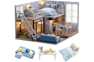 Cuteroom - Kit de casa de Madera para muñecas de Bricolaje - Modelo Azul y lámpara LED