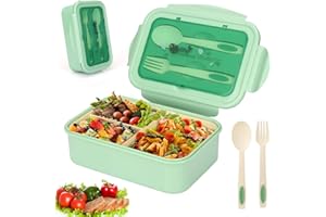 Sinwind Lunch Box, Porta Pranzo, Bento Box con 3 Scomparti e Posate(Forchetta e Cucchiaio), per Microonde e Lavastoviglie/Approvato dalla FDA/No BPA. (Verde)