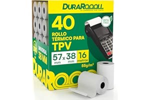 EUROCALI 40 Rollos Papel Termico TPV Datafono DuraRoooll - Rollos Térmicos POS 57mmx38mmx16m Compatibles con Nexi SumUp Pax Axerve Ingenico para Tiques Recibos Tarjetas de Débito y Crédito