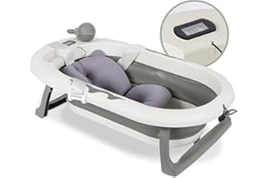 KIDZ CORNER KidzCorner faltbare Baby Badewanne mit integriertem Thermometer und Stützkissen(Grau mit grauem Stützkissen)