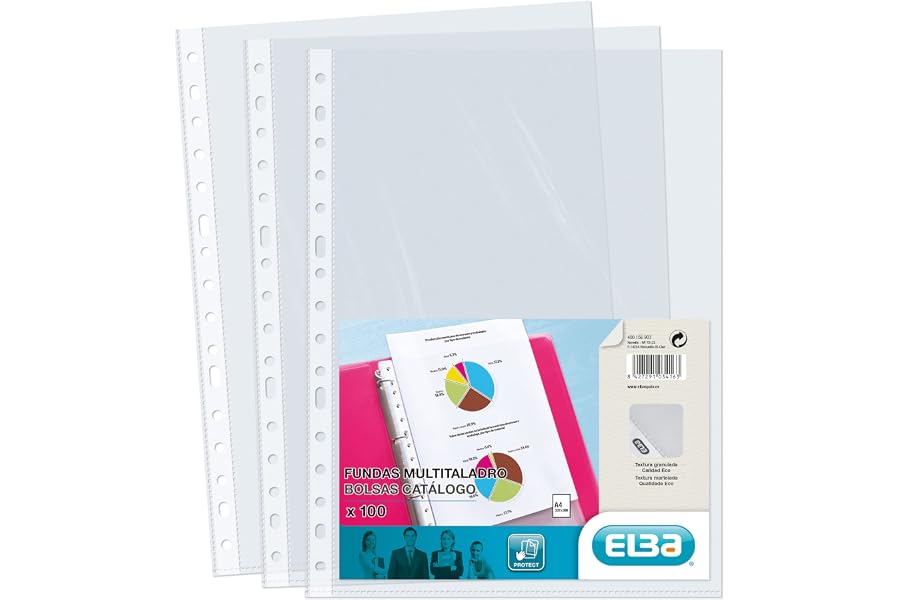 Elba, Fundas Plástico A4 Transparente, 100 Unidades, Multitaladro, Polipropileno Piel de Naranja 70μ