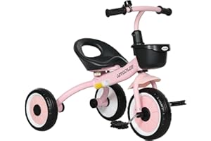 AIYAPLAY Baby Trike, Toddler Tricycle with Adjustable Seat, Basket, Bell, Kids Tricycle for 2-5 Years Old, Pink
