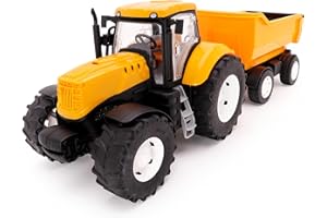 Toyland® 58cm (23") Yellow Tractor & Trailer With Opening Doors & Lifting Trailer - 1:16 Scale - Toy Farming Vehicles Indoor & Outdoor