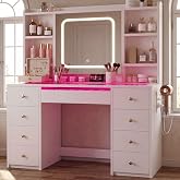 Heybly Makeup Vanity with LED Mirror and Light, Large Vanity with Drawers and Glass, RGB Lights, USB Sockets and Ports, Moder
