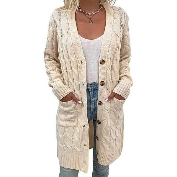 Goranbon Women's Open Front Cardigan Sweater – Cozy Knit Coat With Pockets, Grey, Size L