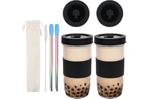 Lre Co. Lot de 2 Tasses à Boire avec Paille, Tasse à thé à Bulles 730 ML Tasses avec 2 couvercles et pailles Tasse à Smoothie réutilisable Tasse à Boire Ensemble de sirop Tasse à Cocktail (Noir)
