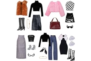 Carreuty 17 Piezas Ropa Compatibles con Barbie Muñecas, Felpa Chalecos Conjunto de Abrigo de Felpa Trajes Lazos Vestido Largo con Nudo Vestido Conjunto con 7 Zapatos 5 Accesorios Regalo