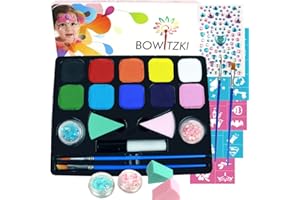 Bowitzki Face Paint Kit With 10 Colors,32 Stencils,2 Brushes,2 Chunky Glitters,2 Sponges,1 Body Glue,Water Based Easy To Remove Face Painting For Kids, Safe Professional Halloween Party Makeup Set