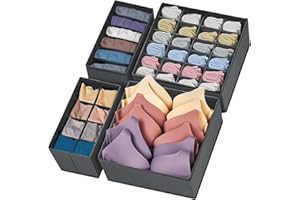 SURLIFE Organizer Cassetti Armadio, Set di 4 Organizzatori per Biancheria Intima Pieghevole, Divisori per Cassetti Salvaspazio, per Reggiseni, Mutande, Calzini, Cintura, Cravatta (GRIGIO SCURO)
