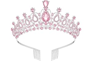 AUSWALAR Silver Rhinestone Tiara Crown Princess Hair Accessories,Crystal Princess Tiara Crown with Pink Rhinestones, Silver Metal Hair Comb for Bride, Bridesmaid, Princess, Girl