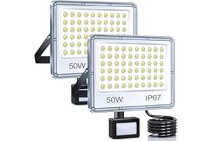 YIQIBRO Faro LED Esterno con Sensore Movimento 50W 2 Pezzi, Faretto con Sensore di Movimento 5000LM 6500K Bianca Fredda, Impermeabile IP67 Luci da Esterno per Giardino, Terrazza, Garage, Entrata