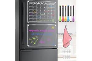 MEKEET Tableau magnétique, 15,7 x 11,8 Calendrier de réfrigérateur en acrylique transparent, 2 tableaux de planification de repas en acrylique avec 6 marqueurs secs, tableau de planification réutil