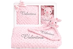 mibebestore Personalised Baby Blanket + DouDou with Embroidered Name – Newborn Gift Set Girl Boy – Customizable Blanket 110 x 80 cm + Plush Doudou 28 x 17 cm – Gifts Baby Shower Christening