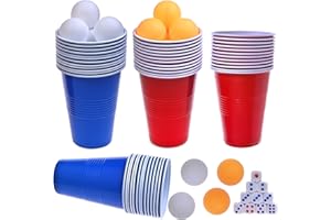 Faburo Plastic Party Cups, Pack of 60 Reusable Plastic Cups for Party Games Adult for American Games(16 oz, 480 ml), 60 Red Blue Disposable Cups, 10 Ping Pong Balls, 10 Dice