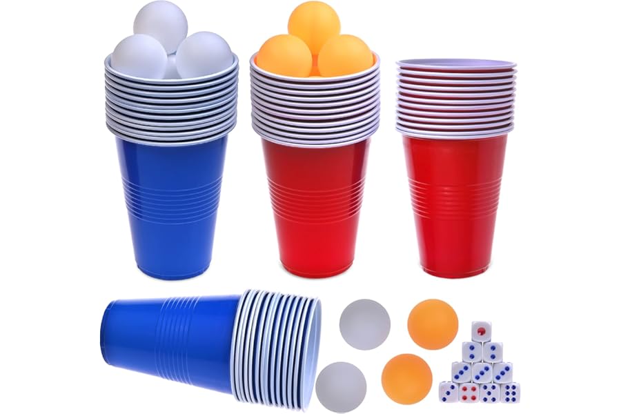 Faburo Plastic Party Cups, Pack of 60 Reusable Plastic Cups for Party Games Adult for American Games(16 oz, 480 ml), 60 Red Blue Disposable Cups, 10 Ping Pong Balls, 10 Dice