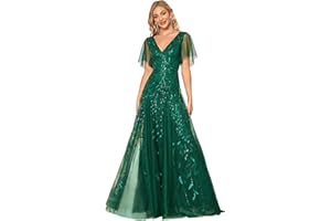 Ever-Pretty Women's V Neck Short Sleeve Elegant Floor Length A Line Long Tulle Evening Dresses 00736