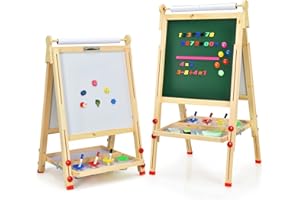‎COSTWAY COSTWAY 3 in 1 Kinder Staffelei höhenverstellbar, Whiteboard & Kreidetafel & Zeichenpapier, Holz Kindertafel mit Ablage und Zubehör