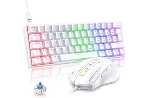 TECURS Ensemble Clavier et Souris Gamer Mécanique Filaire AZERTY, 60% Mini Clavier Souris Gaming Rétroéclairé USB, Souris Gamer RGB 7200 DPI pour PC PS5 Xbox Win, Switch Bleu, Anti-Ghosting, Blanc