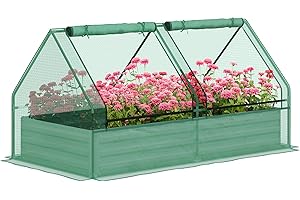 Outsunny Raised Garden Bed with Mini Greenhouse, Outdoor Metal Planter Box with Cover, for Herbs and Vegetables, Use for Patio, Garden, Balcony, Green and Dark Grey