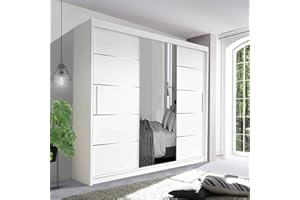 German Sliding Wardrobe Spacious Bedroom Sliding Wardrobe - Sleek and Functional Design comes in White/Grey/Black/Oak and Width 150cm/180cm/203cm/250cm (White, 250cm)