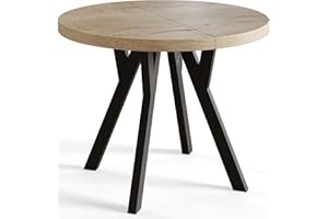 AlpiMeble Mesa de comedor redonda OVO, mesa extensible de 90 cm a 190 cm de diámetro, mesa de salón, color Halifax, con patas de madera en color negro