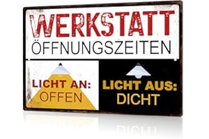 Putuo Decor 1 Stück deutsches Vintage-Metall-Blechschild, Werkstatt Offnungszeiten Licht An: Offen Licht Aus:Dicht, Wanddekoration für Zuhause, Bauernhaus, Bar, Pub, Club, Männerhöhle, 7,8 x 11,8 Zoll