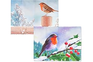 IMPRINT PRESS Imprint Premium Quality Tea Towels | 100% Cotton | Set of 2 Multi-Purpose Kitchen Towel | Soft Absorbent Dish Linen | 50cm x 70cm with Hanging Loop – Robin with Holly, Robin in Snowy Winter