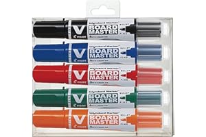 PILOT - Lot de 5 V-Board Master - Marqueurs Tableau Blanc Effaçable à sec - Marqueur Rechargeable à Encre Liquide Couleurs Intenses - Begreen - Noir, bleu, rouge, vert, orange - Pointe Fine