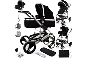 BAYOBAY Baby Pram Pushchair Buggy with Car Seat Lightweight Stroller Folding Strollers 3 in1 Travel System Baby Trolley Pram for Newborns Toddlers from Birtn (Black - Silver Frame)