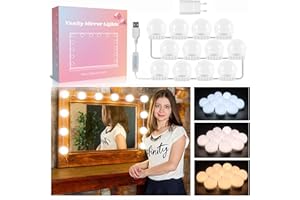 Akynite Luci da Specchio Hollywood 12 Lampadine con Adattatore, Cavo USB Regolabile, 3 Colori e 10 Intensità, Make Up Luci Adesive per Specchio Trucco, Luci a LED Make Up per Cornice Specchio