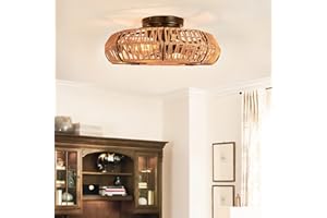 Plafondventilator met Verlichting en Afstandsbediening E27 Retro Ventilator Plafondlamp Rotan Bamboe Stille Ventilator Licht 6 Windsnelheden voor slaapkamer Woonkamer Eetkamer Plafondverlichting