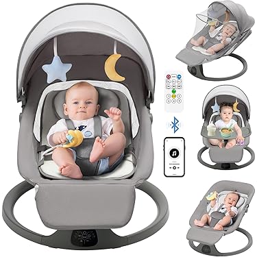 Baby Wipstoel Met Bluetooth Muziek En Afstandsbediening - 5 Snelheden 3 Zitposities Timer Elektrische Babyschommel Grijs