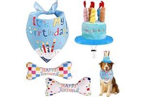 NVGVUP Zestaw 4 zabawek urodzinowych dla psa, piszcząca zabawka dla psa, regulowany, kapelusz urodzinowy dla psa, bandana urodzinowa, pluszowa zabawka dla małych, średnich psów