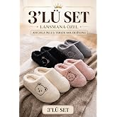 3&rsquo;l&uuml; Avantajlı Paket Kışlık Peluş Ayıcık Desenli Sessiz Ortopedik Taban &Ccedil;eyiz Misafir Ev Terliği Set