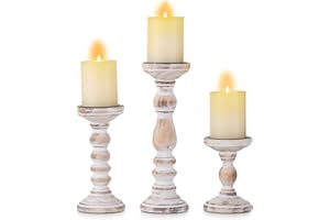 Inweder Rústico Portavelas de Madera con Pilar - 3 Portavelas de Madera con Pilar Juego de Portavelas de Color Blanco Envejecido Portavela para Centros de Mesa de Boda Decoración Habitación Hogar