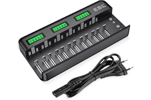 EBL 9036 Caricabatterie Universale 14 slot per AA e AAA C D e 9V Batterie Ricaricabili con LCD Display, Multipla Caricabatterie con Tecnologia di Rilevamento Intelligente per Batterie Ricaricabili