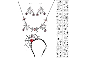 Finrezio Halloween Jewelry Spider Necklace Earrings Set for Women Spider Web Temporary Tattoos Hair Hoop Black Spider Web Pendant Choker Adjustable for Halloween Costume Party