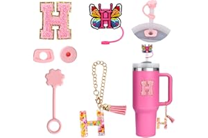 FIDWALL 6PCS Personalisierte Stanley Cup Zubehör, Stanley Stroh Cover,Tumbler Initialen Dekorationen für Stanley,Stanley Cup Brief Aufkleber,Brief Charm,strohhalm abdeckung (H)