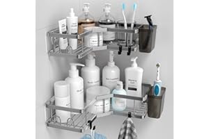 FINIBO Duschablage Ohne Bohren, 2 Stück Selbstklebend Eckregal Badezimmer Organizer, Duschregal Edelstahl mit 4 Haken und 2 Zahnpasta Halter, Schwarz Duschablage Duschkorb für Bad Küche