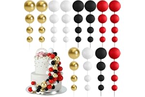 BOUBONI 48 Pz Palline Cake Topper Decorazioni Schiuma Cupcake Topper Palline Decorazioni per Torta Compleanno per Feste di Compleanno Matrimonio Anniversario (Nero, Rosso, Bianco, Oro)