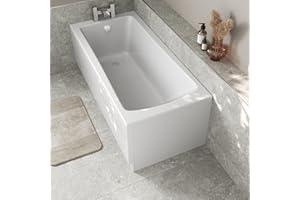 Baystone 1500 x 700mm Single Ended Bath White Gloss Soaking Bathttub, Acrylic Baths for Bathrooms, Straight Wide End, Adjustable Feet, No Panel