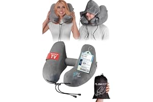 FLOWZOOM AIR Dmuchana Poduszka Podróżna z Kapturem Szary Rozmiar L | Wsparcie szyi 360° kształt H, 5 pozycji snu, regulowana twardość, prany pokrowiec, zatyczki do uszu, lekka 260 g, samolot