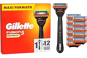 Gillette Fusion 5, 1 Rasoio Barba Manuale e 12 Lamette Da Barba Di Ricambio per Rasoio Manuale Fusion5, da 5 Lame, Rasatura Scorrevole con Striscia Lubrificante, Fino a 1 Mese di Rasatura per Lametta