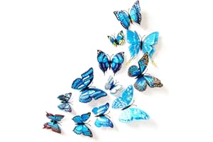 OBLIQUE UNIQUE Oblique-Unique Lot de 12 stickers muraux décoratifs en 3D Motif papillons et fleurs Bleu