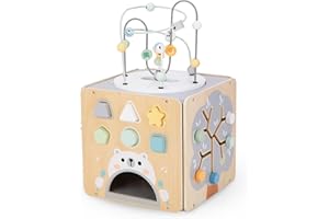 mamabrum Cube d'Activité en Bois - Labyrinthe Rotatif, Trieur de Formes, Boucle Motorisée avec Perles, Engrenages, Miroir - Jouet Éducatif 34x34x52cm pour Bébé
